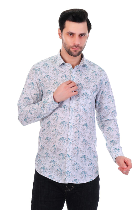 Menβs Premium Cotton Floral Print Shirt β Soft, Breathable, Light Blue & White