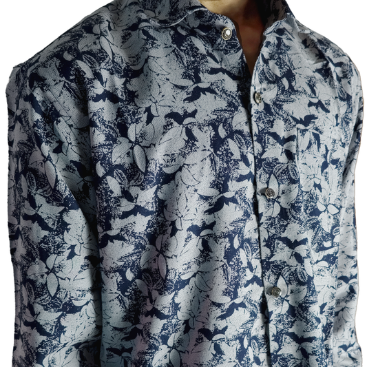 Men’s Navy Blue Floral Pattern  Full-Sleeve 100% Cotton Regular Fit Shirt