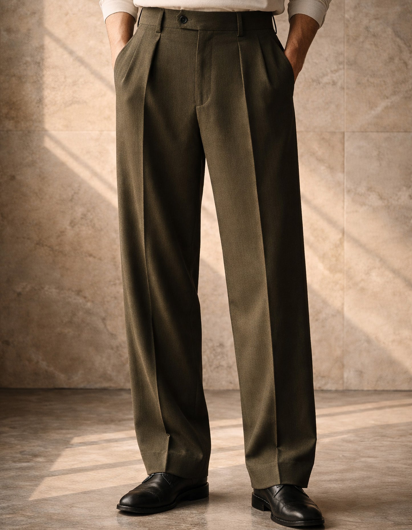 Deep Olive Korean Wide-Leg Trousers — Tailored Fit