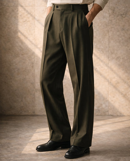 Deep Olive Korean Wide-Leg Trousers — Tailored Fit