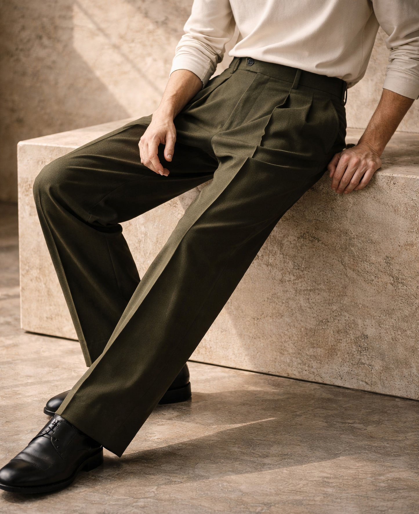 Deep Olive Korean Wide-Leg Trousers — Tailored Fit
