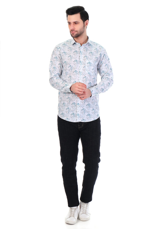 Men’s Premium Cotton Floral Print Shirt – Soft, Breathable, Light Blue & White