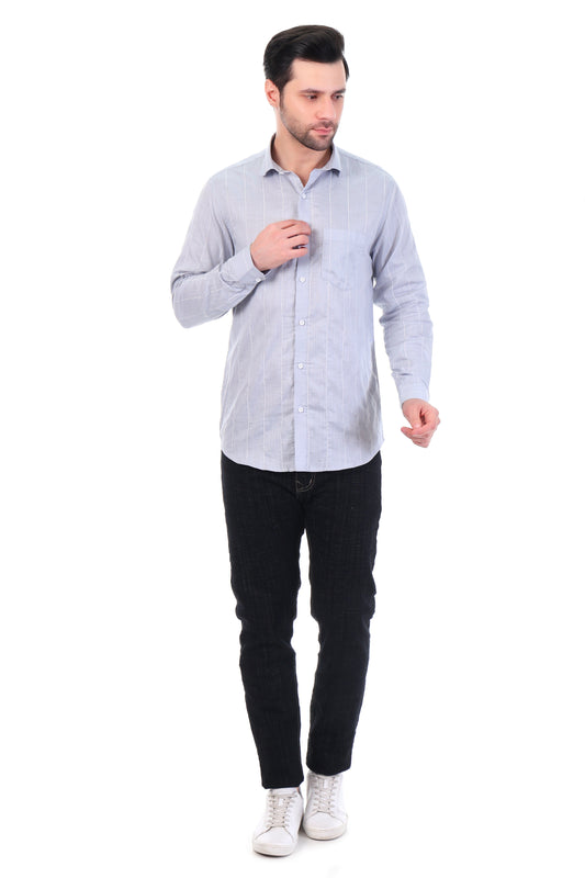 Men’s Premium Cotton Stripe Shirt – Light Grey | Full Sleeve Casual Wear