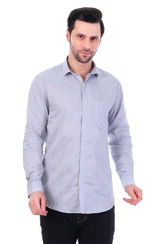 Men’s Premium Cotton Stripe Shirt – Light Grey | Full Sleeve Casual Wear