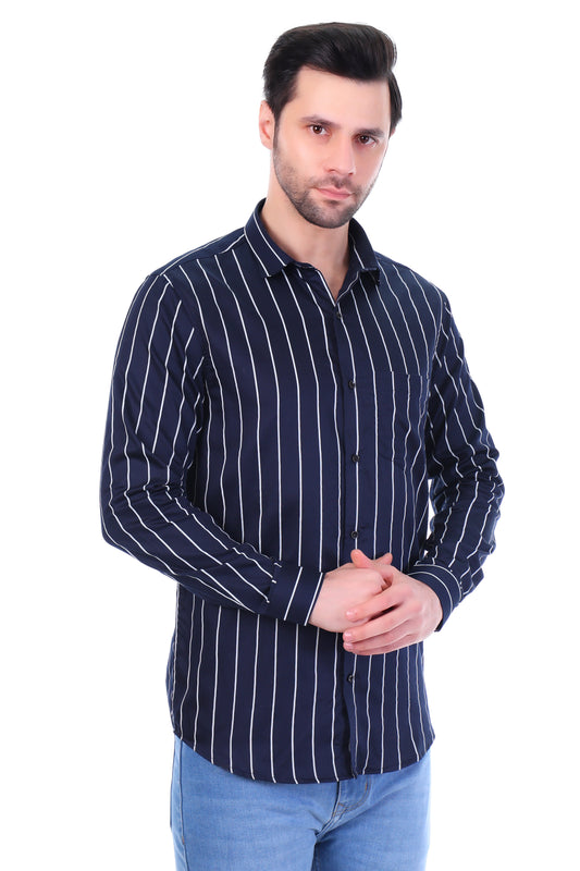 Men’s Premium Cotton Vertical Stripe Shirt – Navy Blue | Full Sleeve Casual Wear